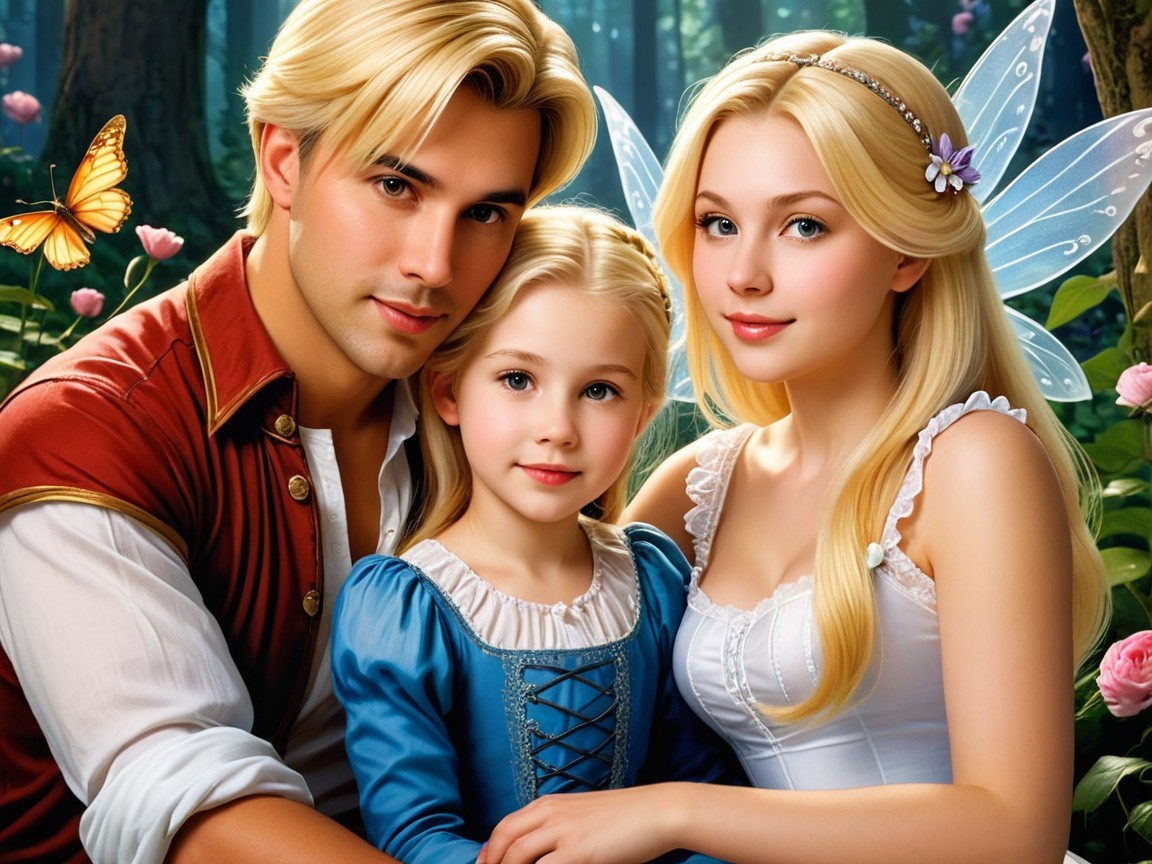 Charming Couple and Young Girl in Whimsical Forest