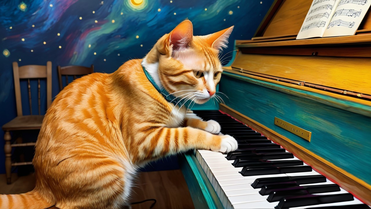 Orange Tabby Cat Playing on Colorful Piano with Mural