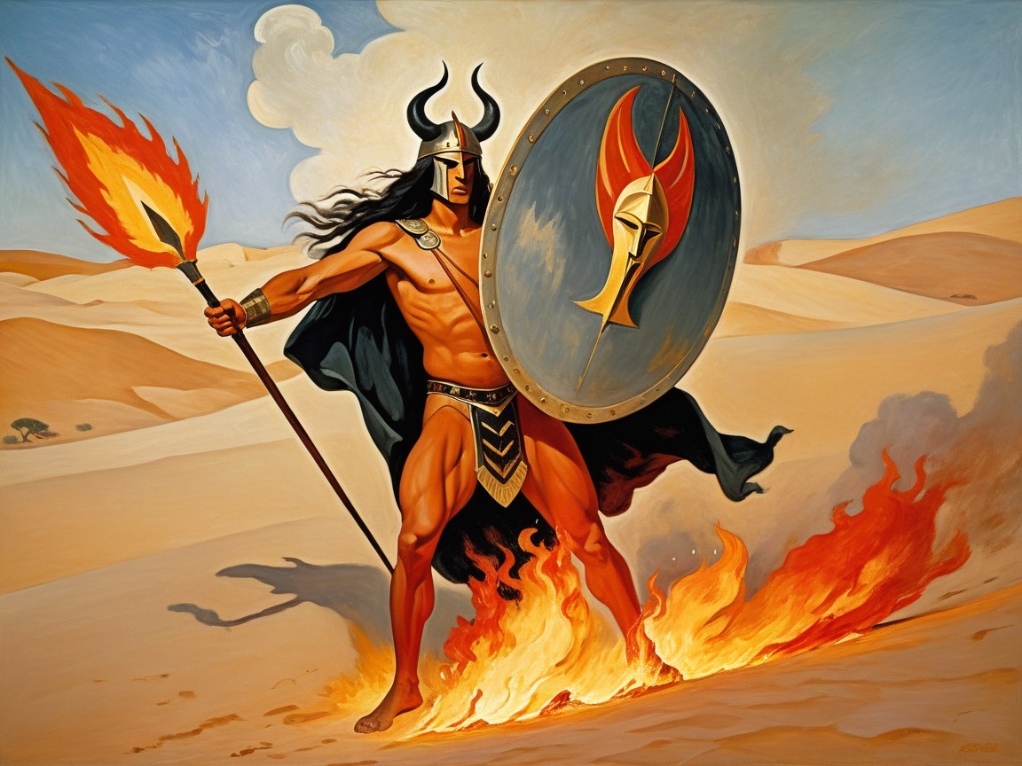 Muscular Warrior in Desert with Spear and Shield