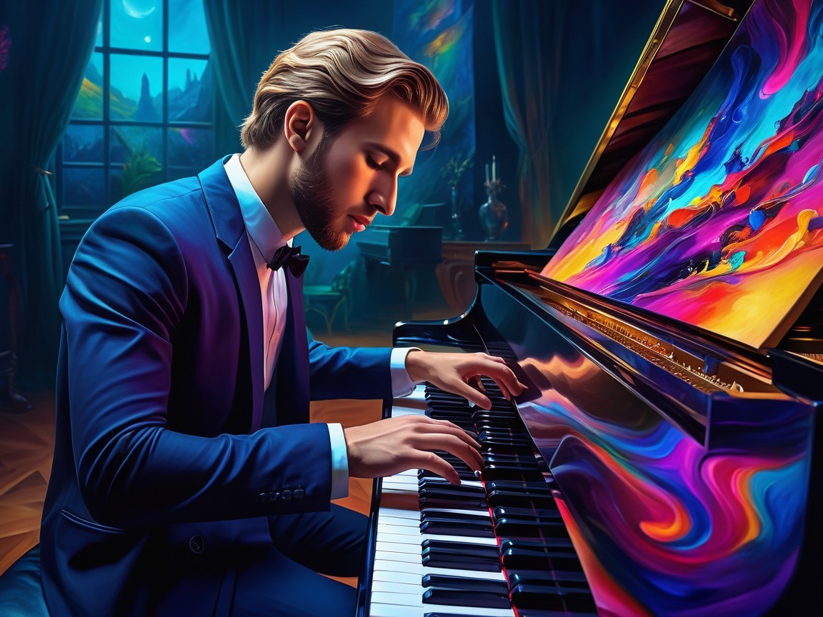 Young man in tuxedo plays piano in surreal landscape