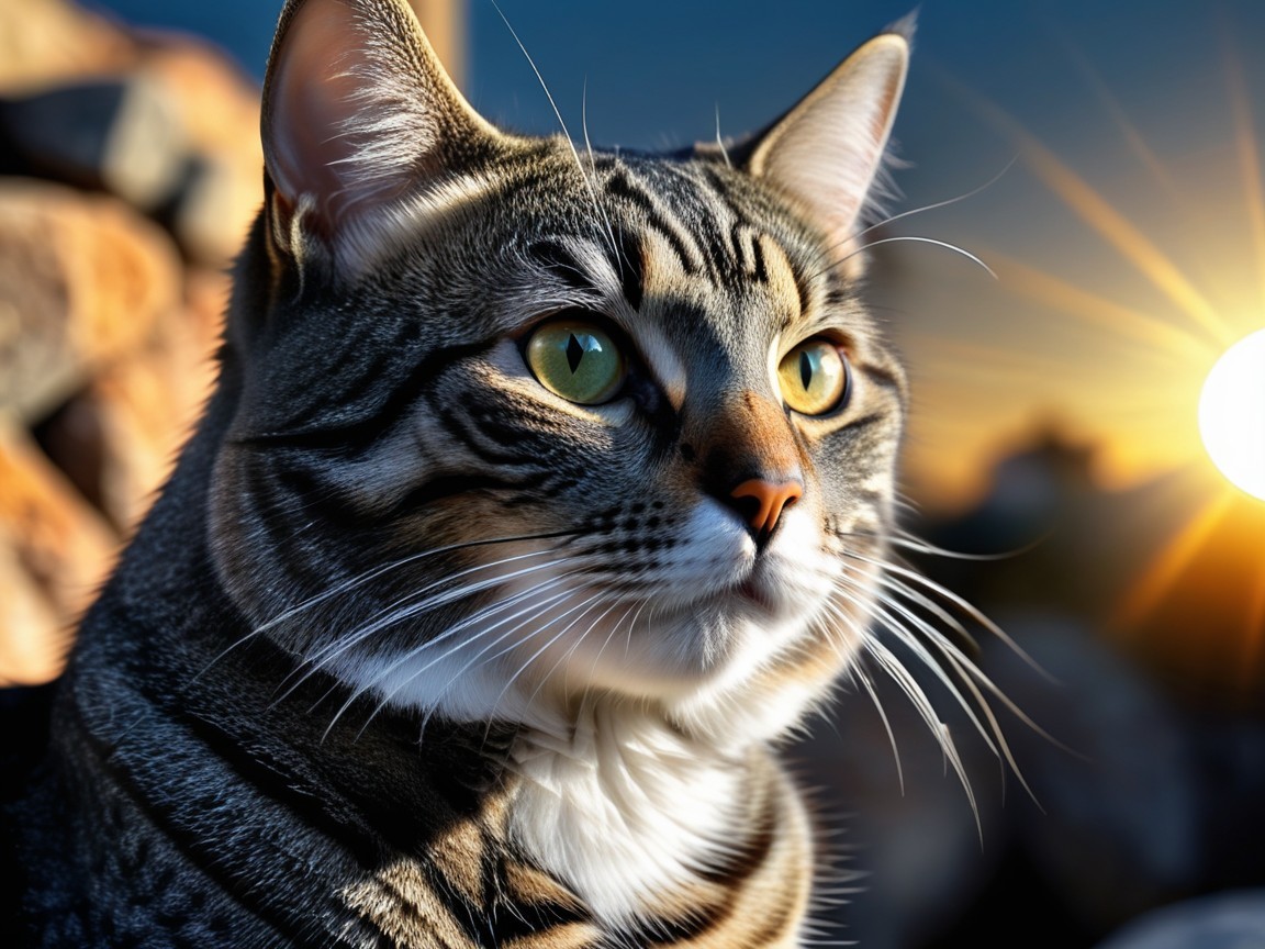 Close-up of a tabby cat with green eyes at sunset