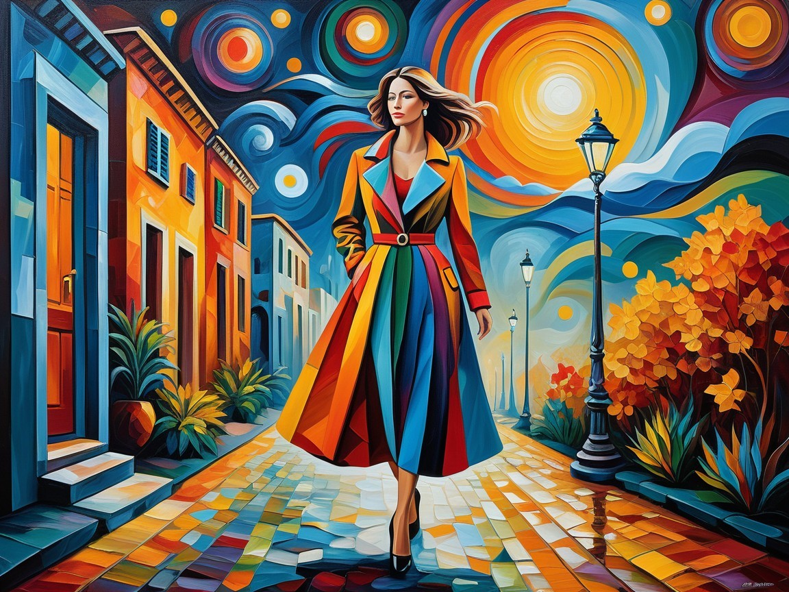 Vibrant Scene of Woman in Colorful Coat on Cobblestone Street