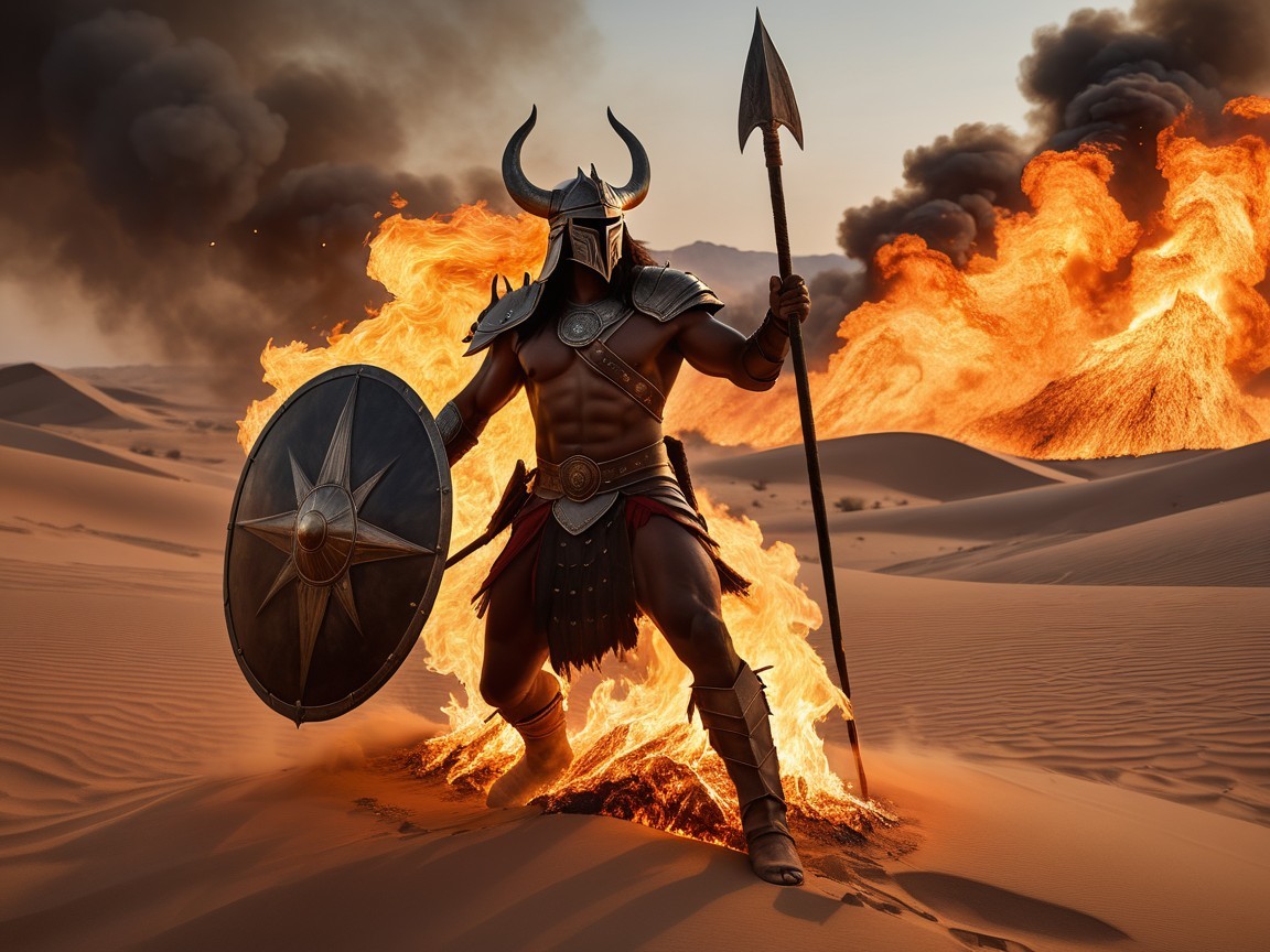 Fierce Warrior in Desert Landscape with Flames and Smoke