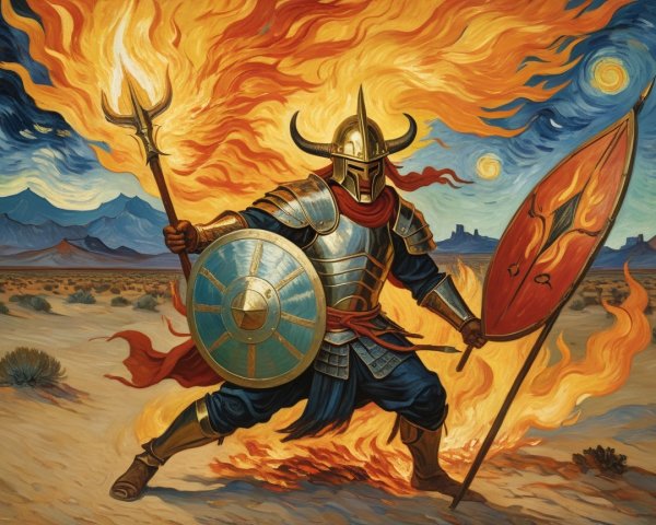 Warrior in Armor Among Flames and Desert Mountains