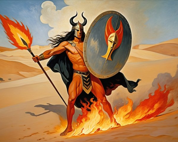 Muscular Warrior in Desert with Spear and Shield
