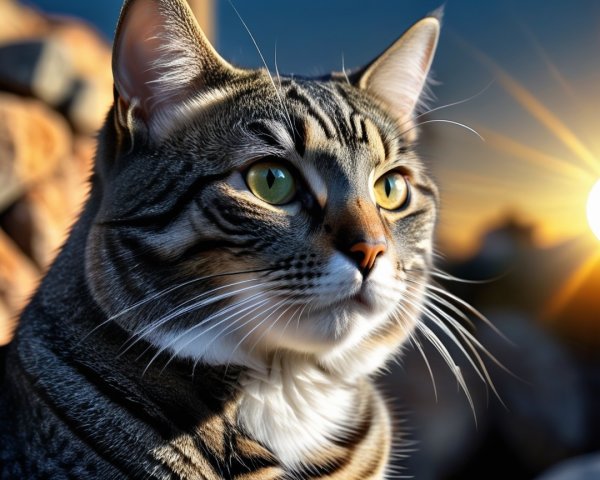 Close-up of a tabby cat with green eyes at sunset