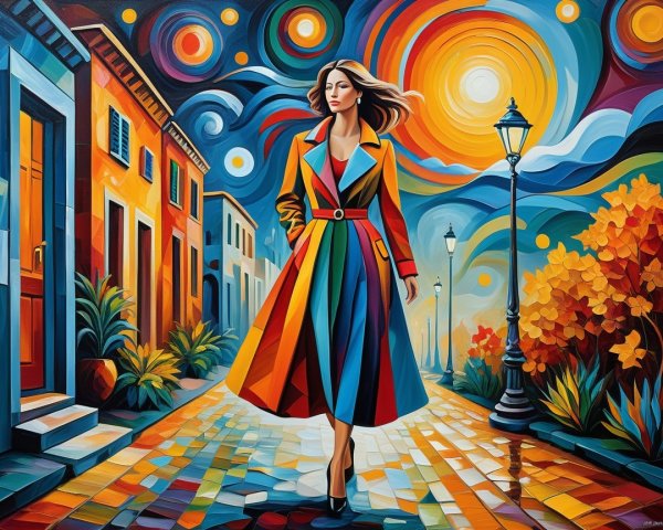 Vibrant Scene of Woman in Colorful Coat on Cobblestone Street