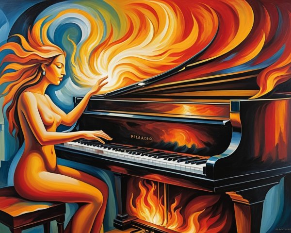 Nude Figure at Grand Piano Surrounded by Flames