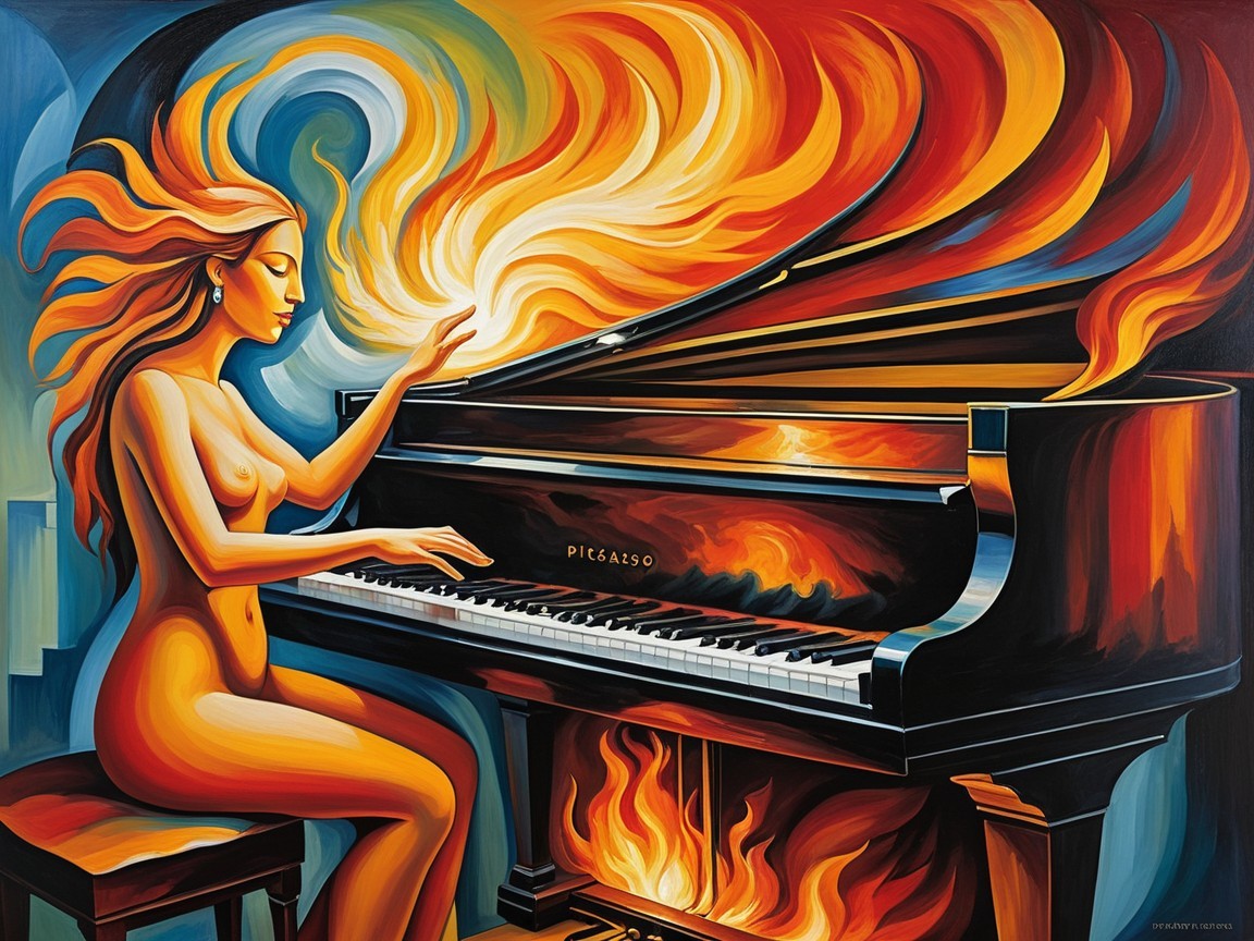 Nude Figure at Grand Piano Surrounded by Flames