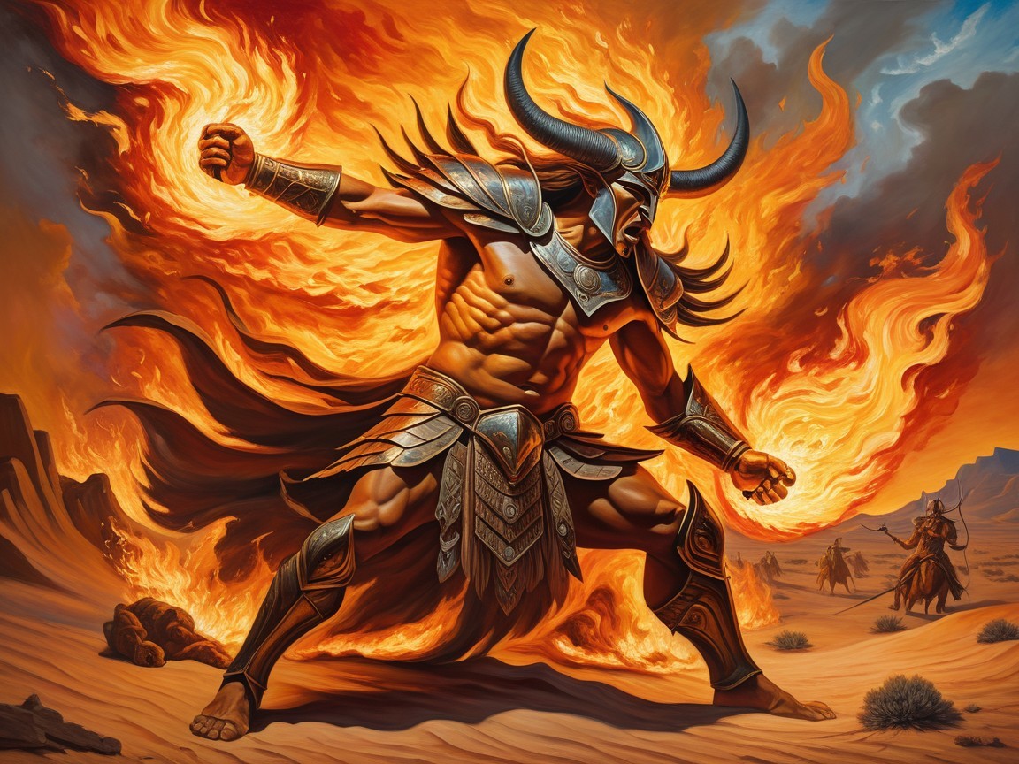 Warrior in Flames Against Desert Landscape