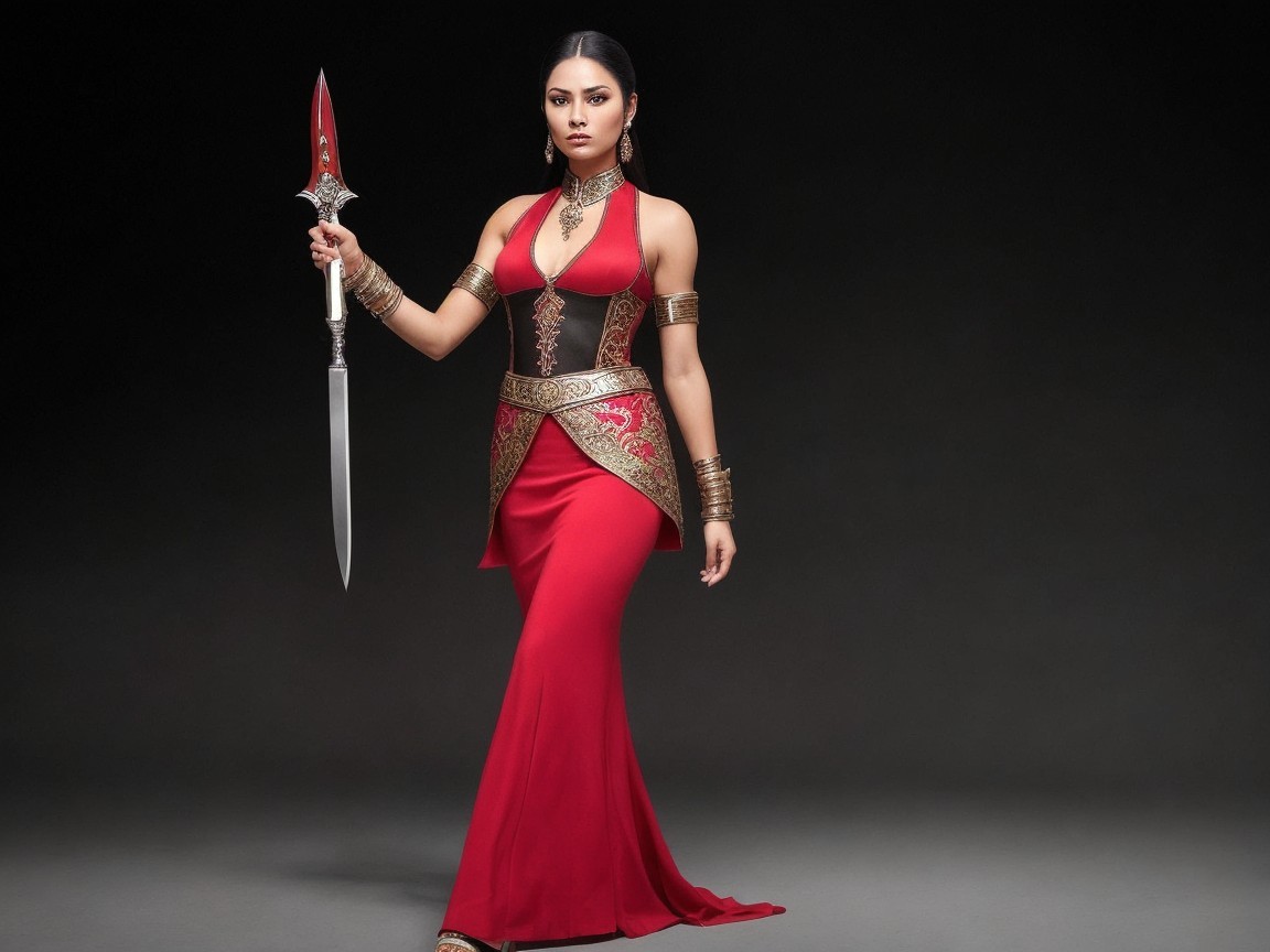 Elegant Figure in Red Gown with Weapon and Accessories