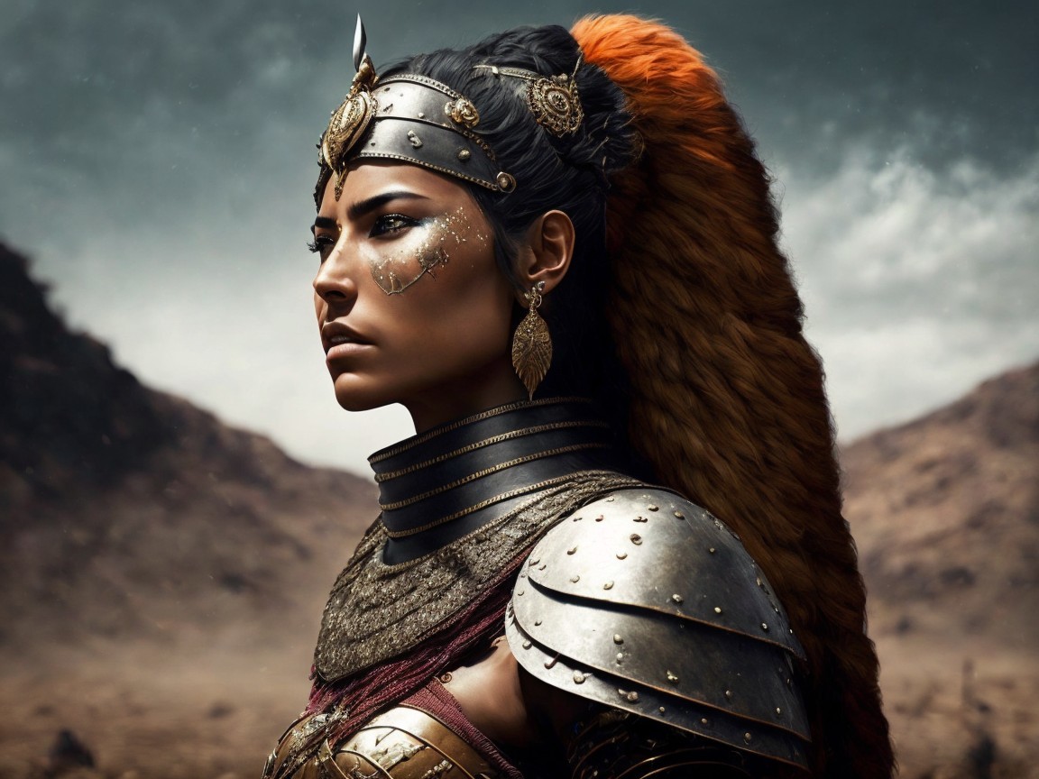 Warrior Woman in Detailed Armor with Dramatic Landscape