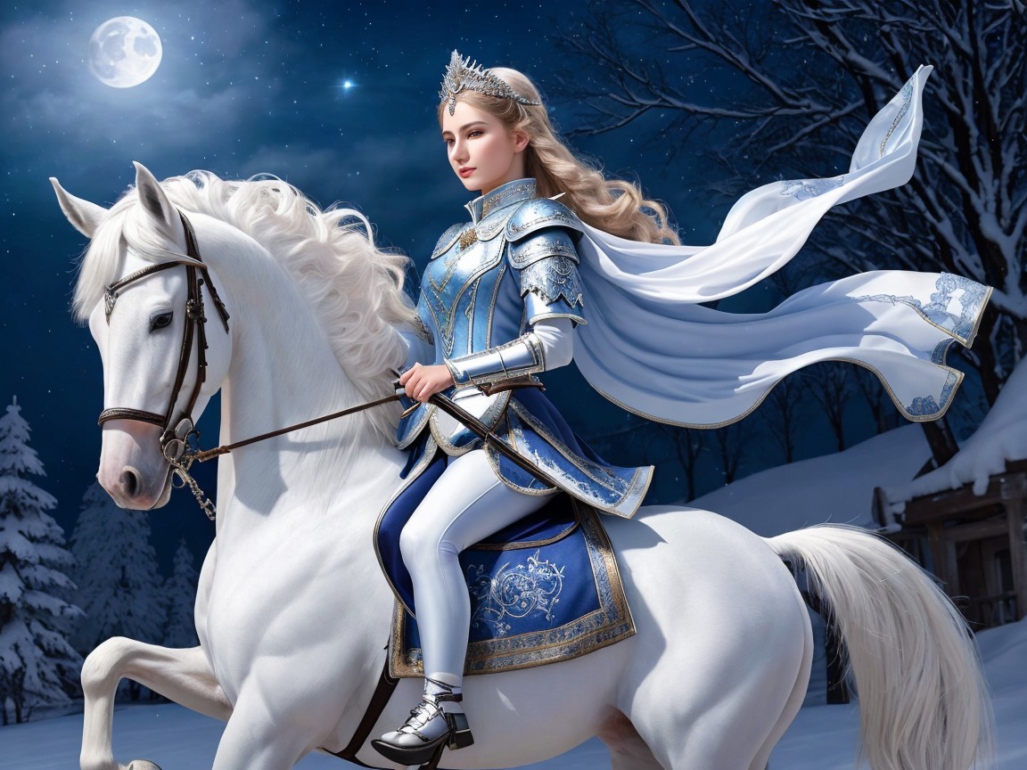 Majestic Rider on White Horse Under Full Moon