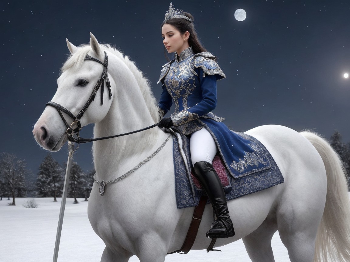 Regal Figure in Blue Gown on Majestic White Horse