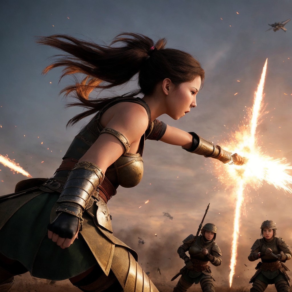 Fierce Warrior Woman in Battle with Glowing Spear