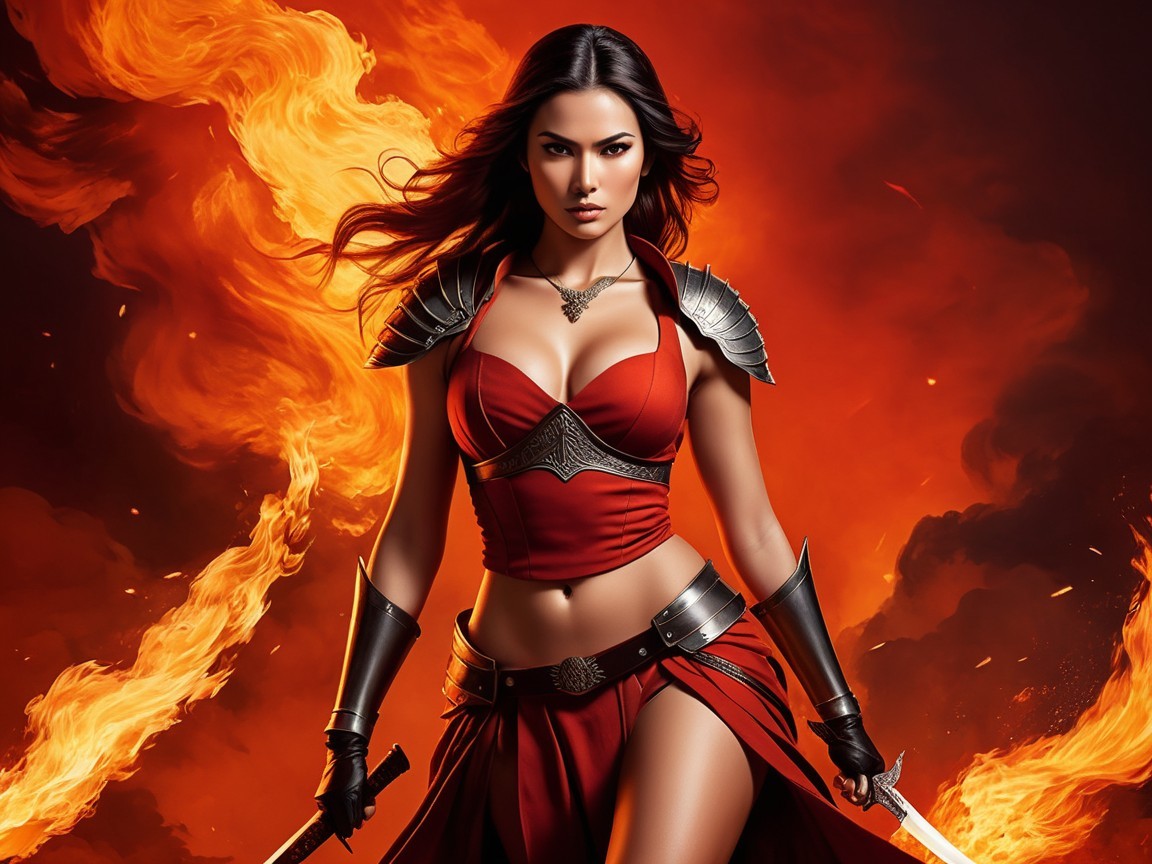 Fierce Warrior in Fiery Flames with Dual Swords