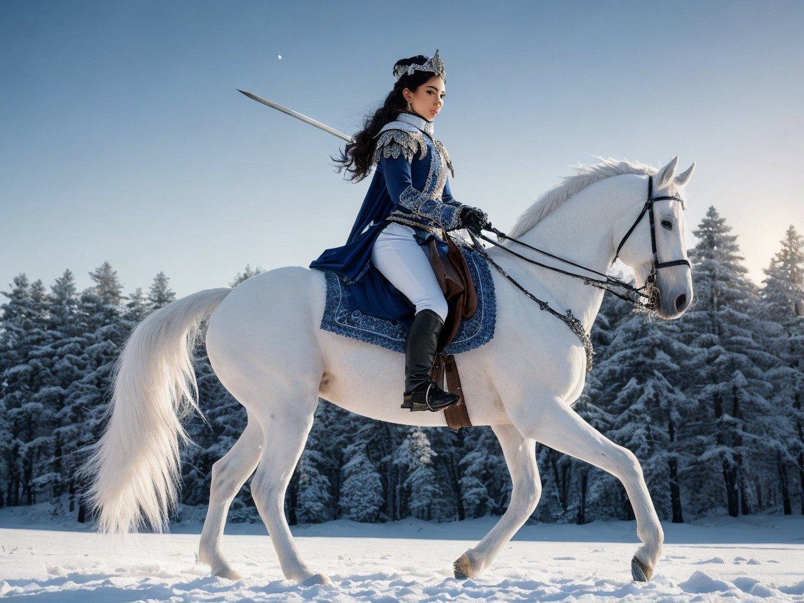 Regal figure on white horse in snowy landscape
