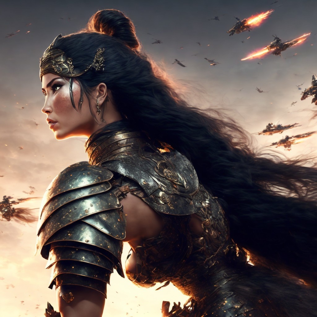 Warrior in Golden Armor Against Sunset and Battleships