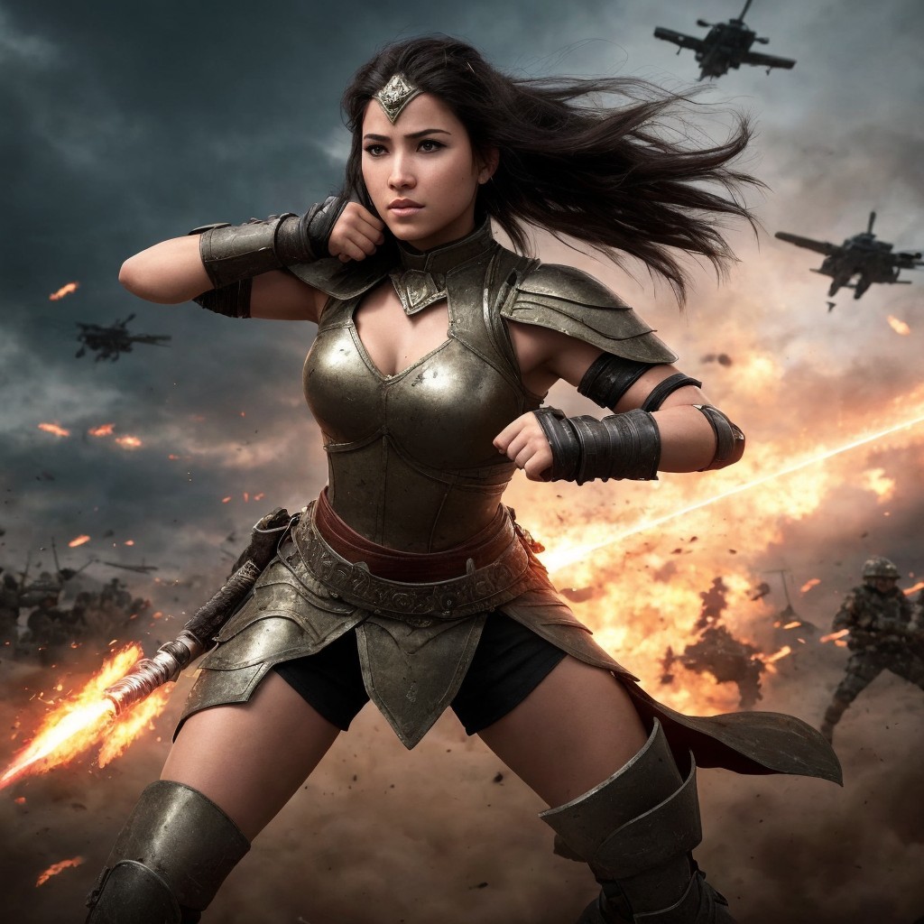 Fierce warrior in armor prepares for battle scene