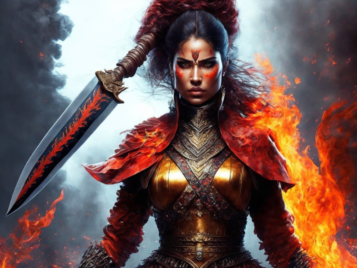 Warrior in Flames with Sword and Intricate Armor