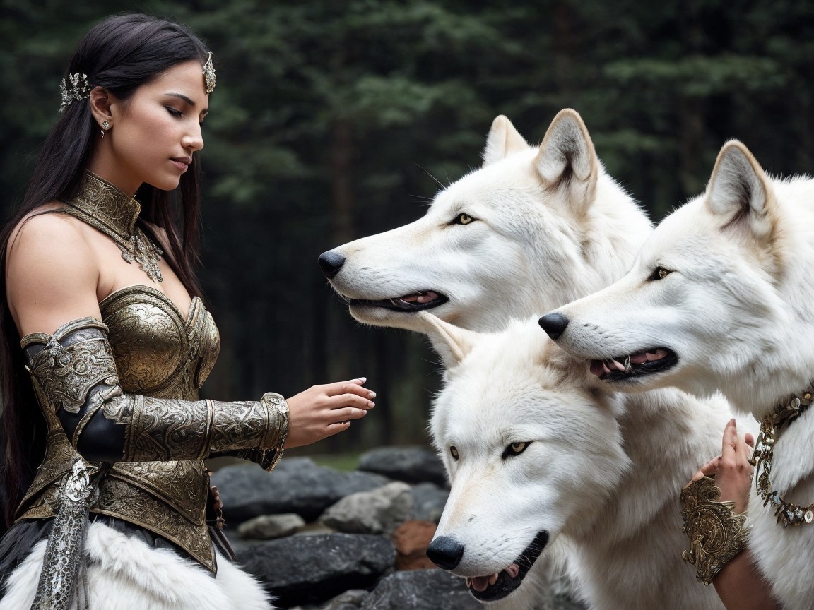 Mystical Forest Scene with Woman and White Wolves