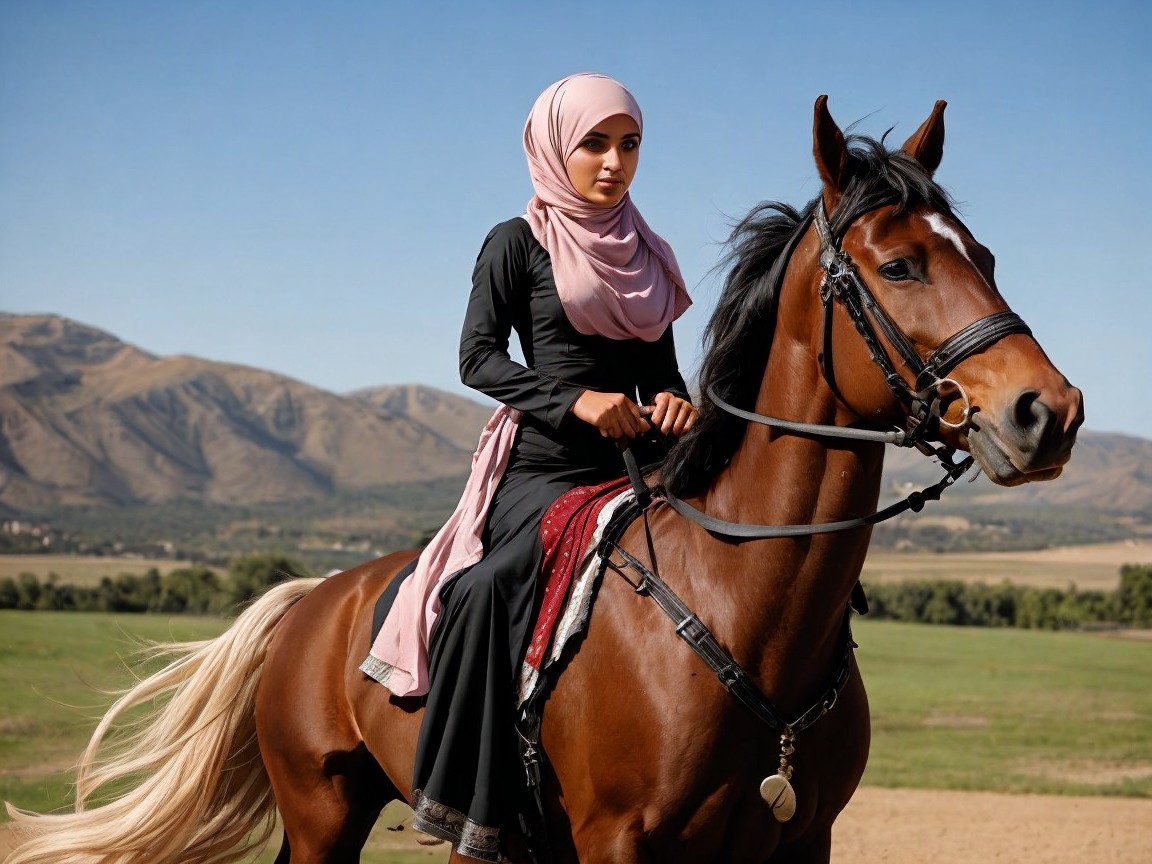Woman in hijab riding horse in scenic landscape