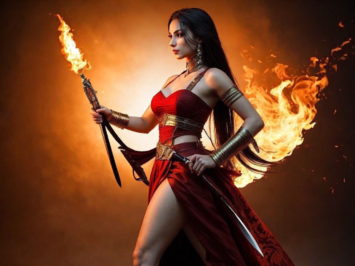 Confident Female Figure in Red Gown with Torch