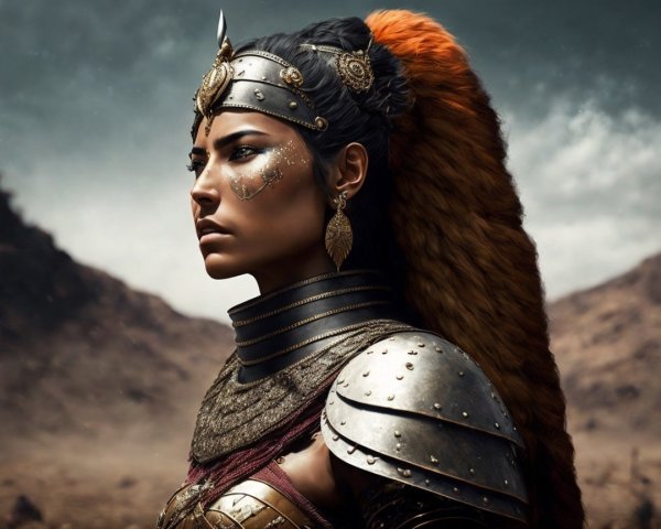 Warrior Woman in Detailed Armor with Dramatic Landscape