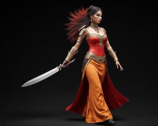 Fierce Warrior Woman with Sword in Vibrant Costume