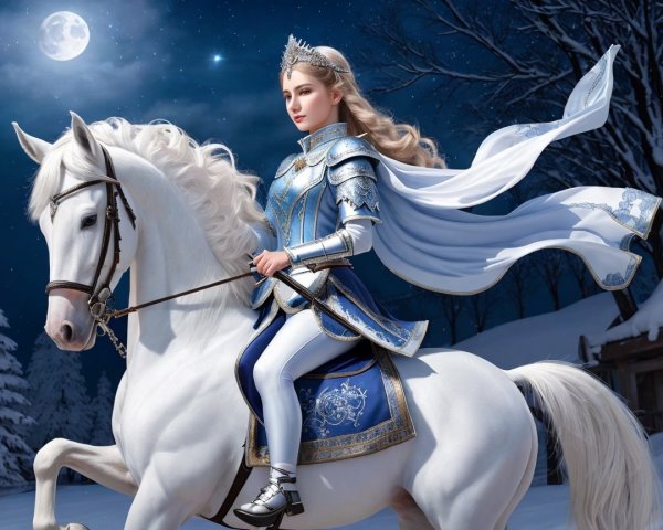 Majestic Rider on White Horse Under Full Moon