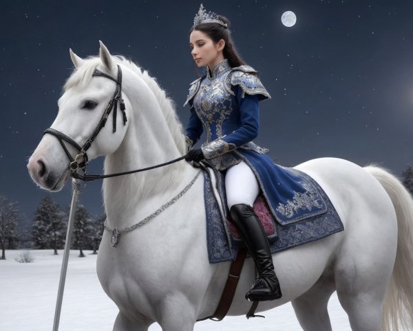 Regal Figure in Blue Gown on Majestic White Horse