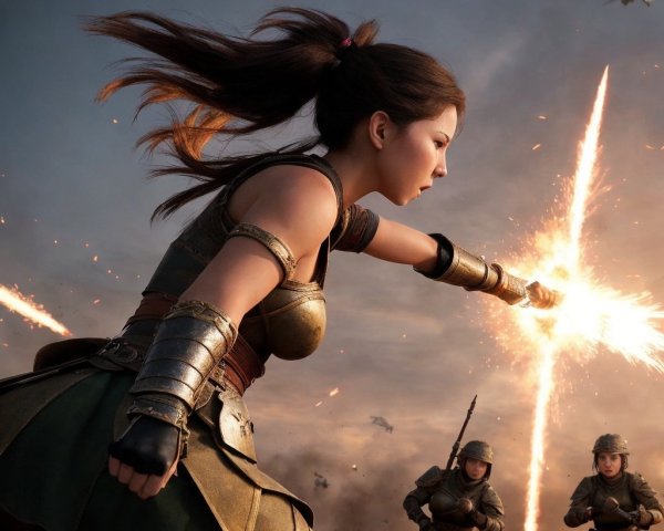 Fierce Warrior Woman in Battle with Glowing Spear