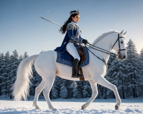 Regal figure on white horse in snowy landscape