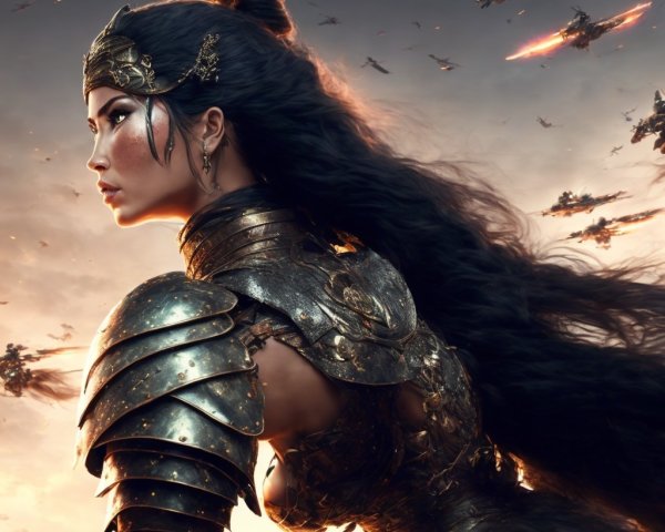 Warrior in Golden Armor Against Sunset and Battleships