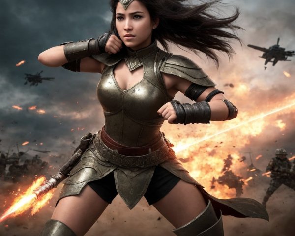 Fierce warrior in armor prepares for battle scene