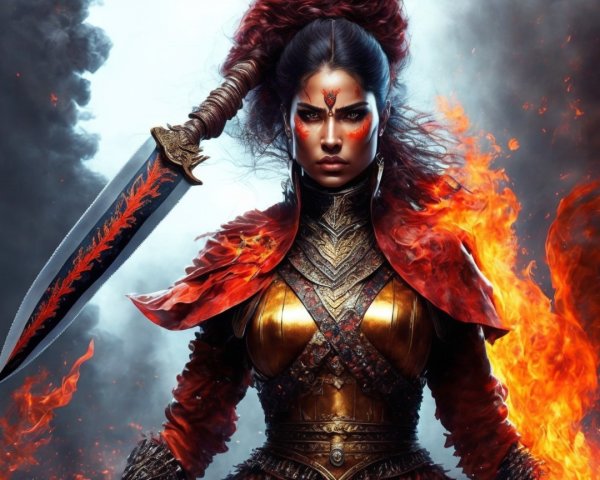 Warrior in Flames with Sword and Intricate Armor