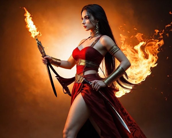 Confident Female Figure in Red Gown with Torch