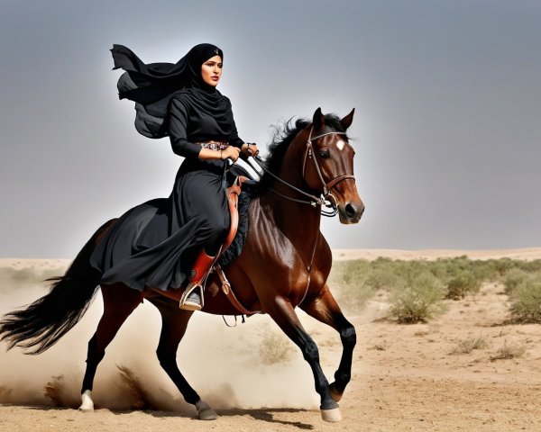 Woman in black dress rides horse in sandy desert