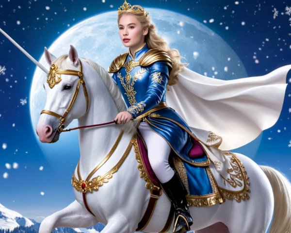 Regal Figure on White Unicorn Under Starry Night Sky