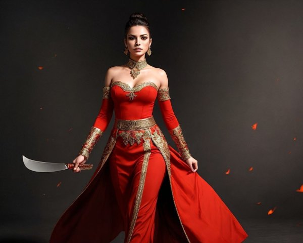 Vibrant Red Gown with Gold Patterns and Accessories