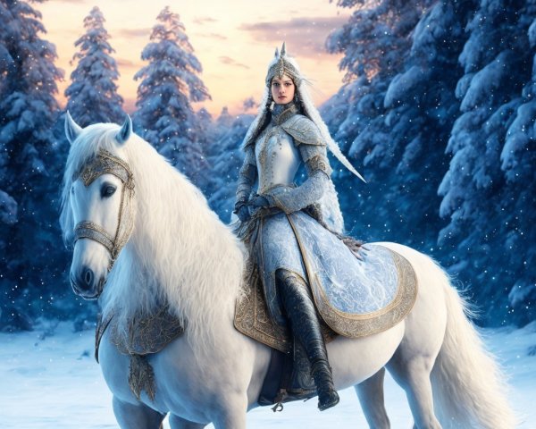 Regal Figure on White Horse in Snowy Forest Scene