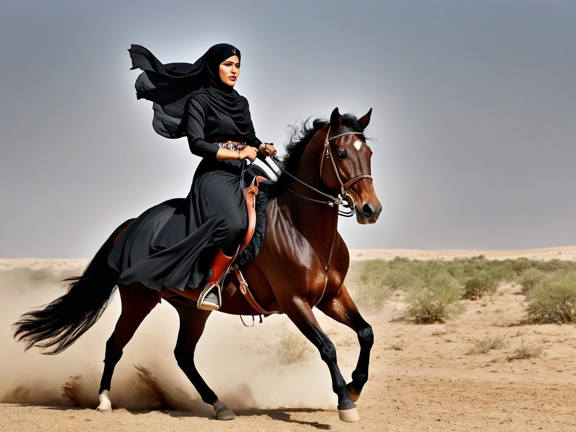 Woman in black dress rides horse in sandy desert