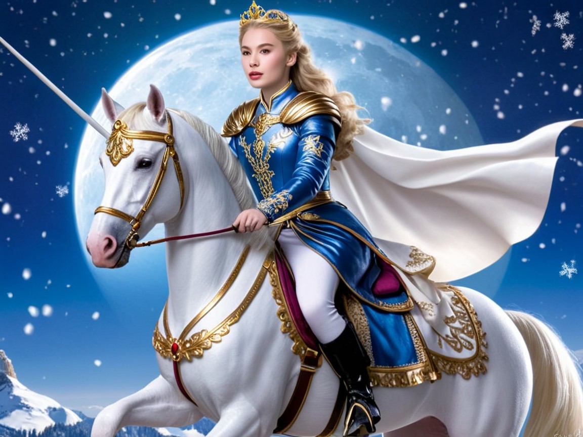 Regal Figure on White Unicorn Under Starry Night Sky