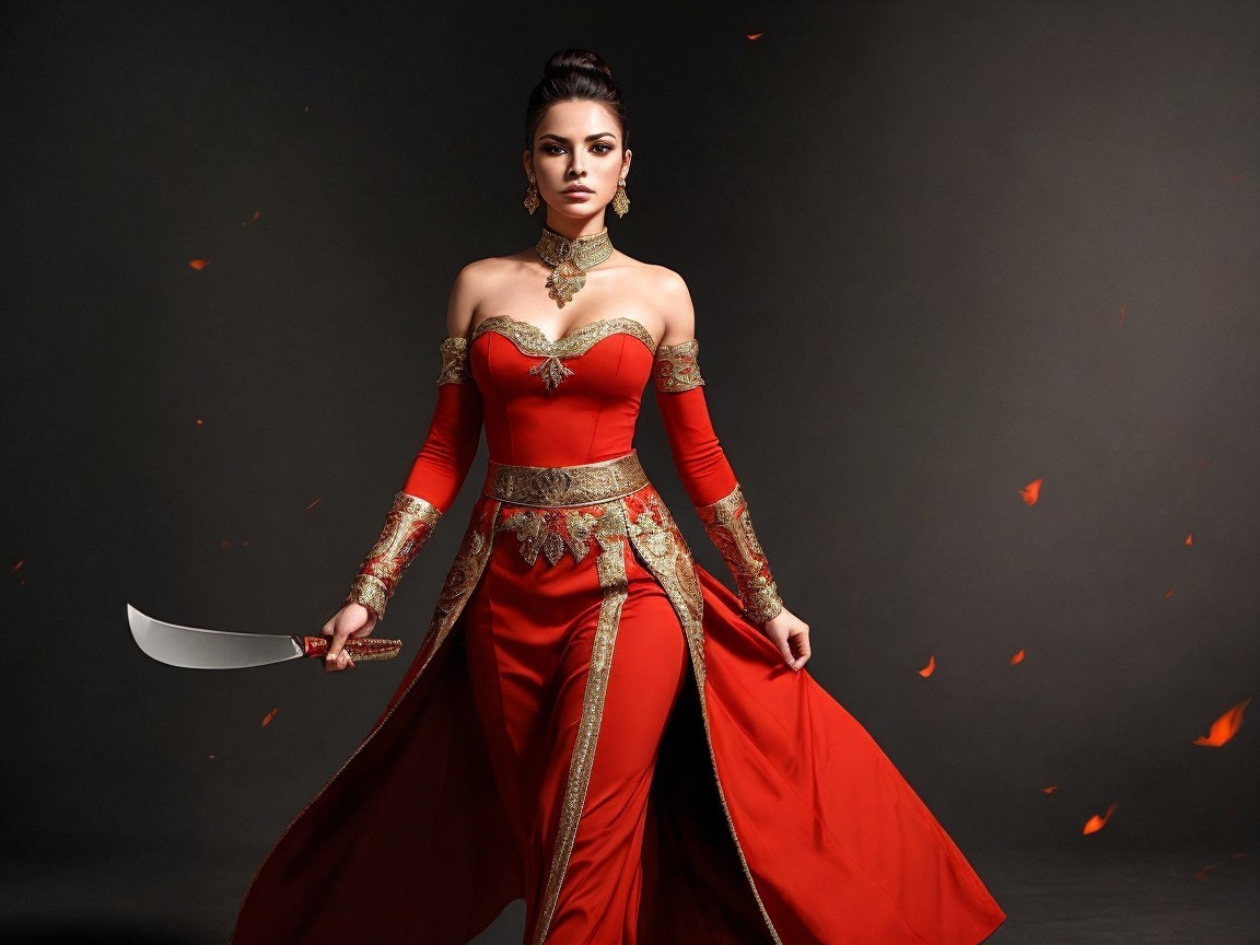 Vibrant Red Gown with Gold Patterns and Accessories