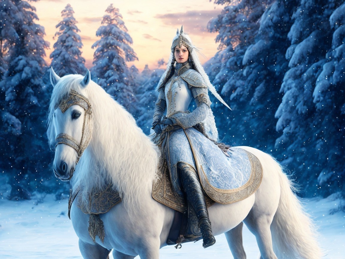 Regal Figure on White Horse in Snowy Forest Scene