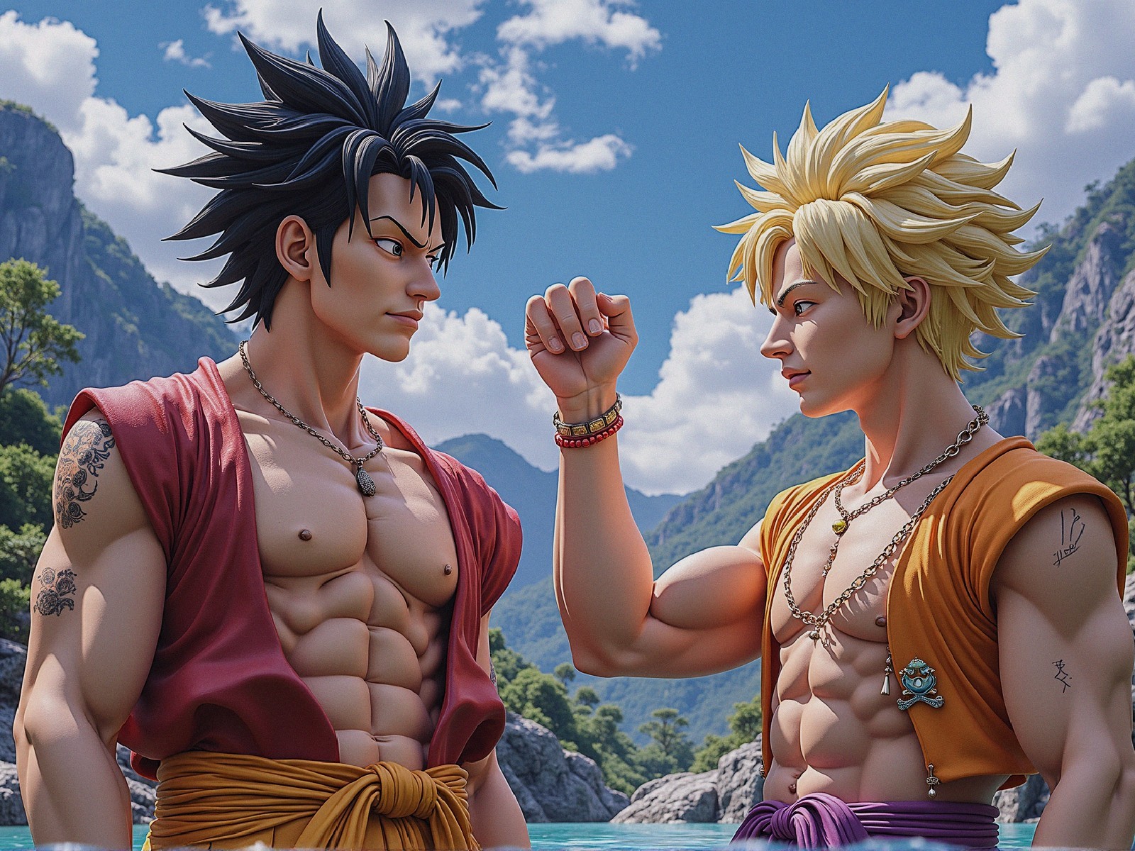 Muscular Anime Characters by a Vibrant Lake