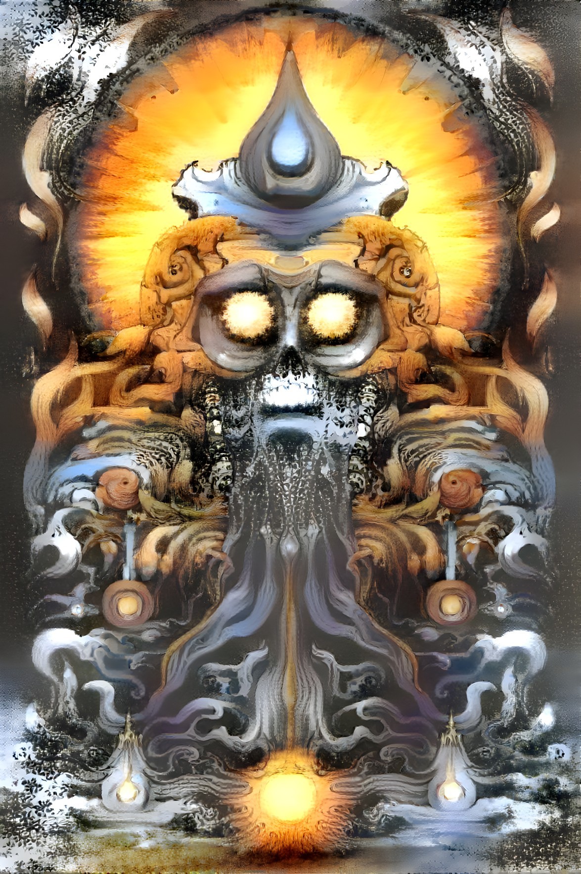 Surreal Artwork with Skull Face and Nature Patterns