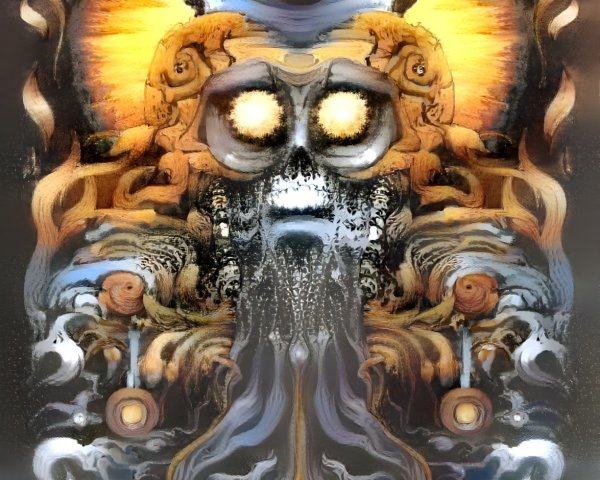 Surreal Artwork with Skull Face and Nature Patterns