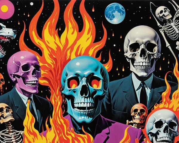 Surreal Composition of Skulls and Skeletons in Flames