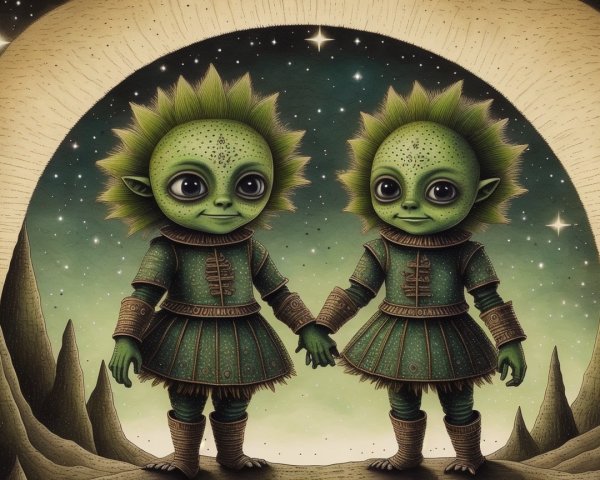 Whimsical Green-Skinned Alien Children Under Stars